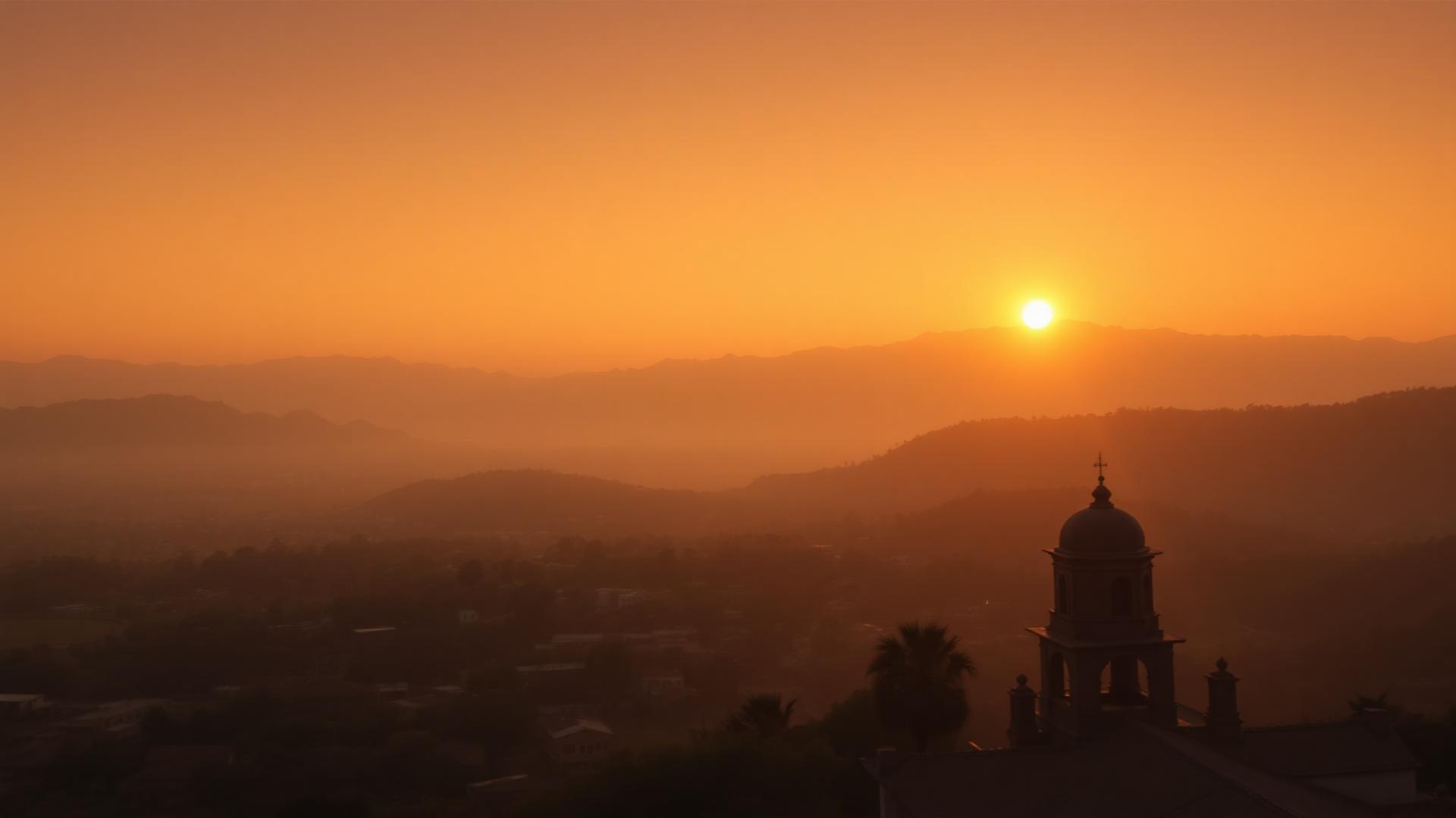 Atardecer sobre el pueblo entre montañas